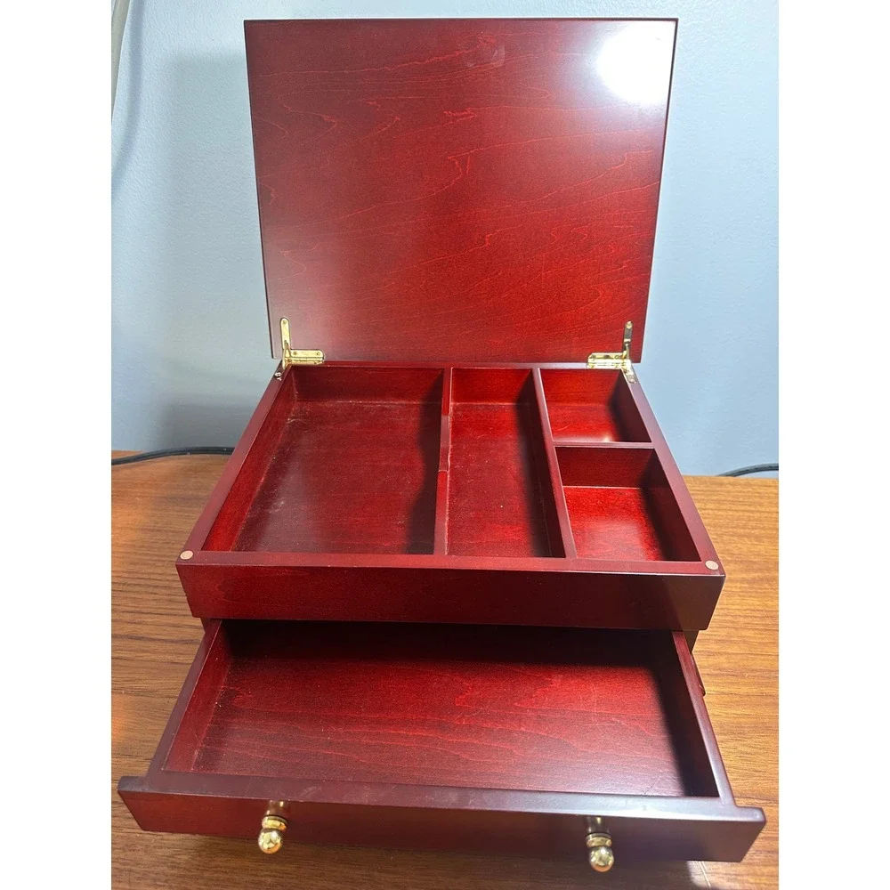 Vintage Cherry Wood Jewelry Box Gold Hardware Drawer Organizer Blank Nameplate